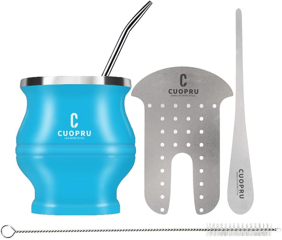 Stainless Steel Modern Yerba Mate Drinking Cup Set - 180 ml, Includes Bombilla Straw, Cleaning Brush, Blue
