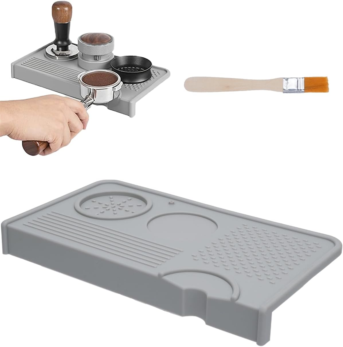Upgraded Silicone Tamping Mat & Brush, Tamper Mat for Espresso Machine, Waterproof Heat Resistant Tamp Station for Home Baristas Tools, Gray