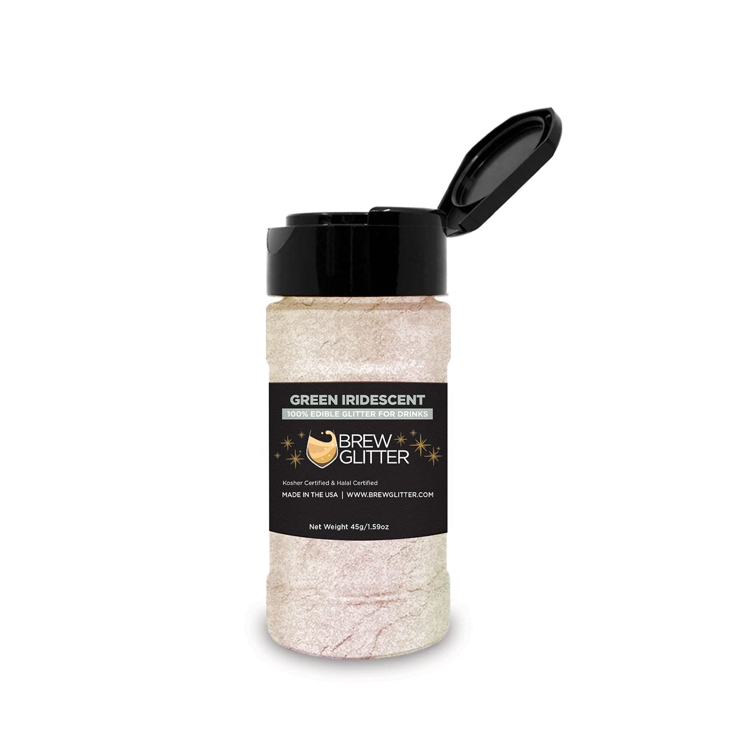 BREW GLITTER Edible Glitter For Drinks, Cocktails, Beer, Garnish Glitter & Beverages | KOSHER & HALAL Certified | 100% Edible & Food Grade | Vegan, Gluten, Nut Free (45g Shaker, Green Iridescent)