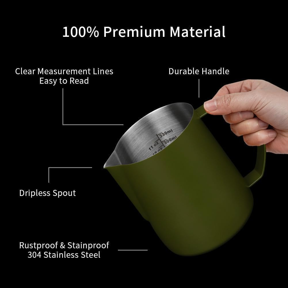 watchget Stainless Steel Milk Frothing Pitcher 12oz/350ml - Espresso Steaming Pitcher for Cappuccino, Latte Art, Coffee Machine Accessories Milk Jug Coffee Frother Cup, Matte Green