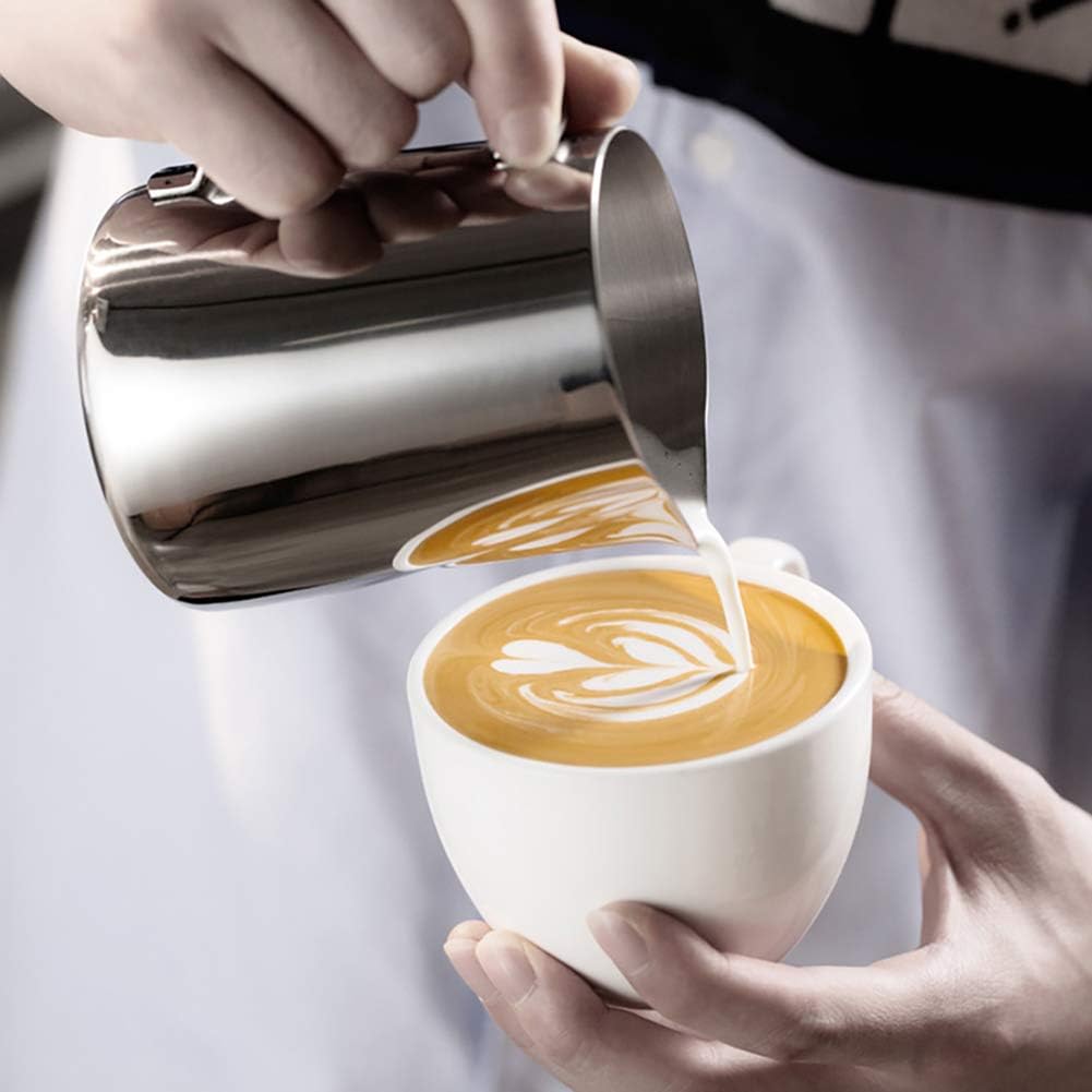 CAMKYDE Milk Frothing Pitcher 20 oz, Stainless Steel Espresso Steaming Pitcher with Decorating Pen for Coffee, Espresso Machines, Cappuccino, Latte Art A Silver