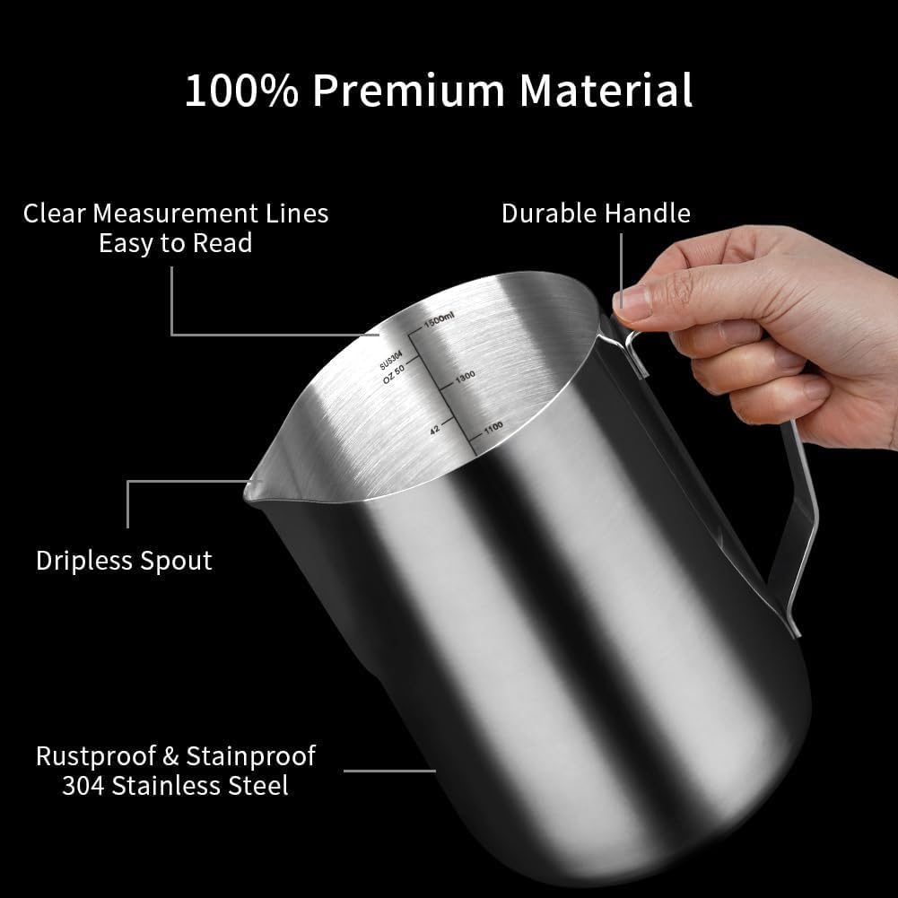 watchget Milk Frothing Pitcher 50oz/1500ml - Stainless Steel Espresso Steaming Pitcher for Cappuccino, Latte Art, Coffee Machine Accessories Milk Jug Frother Cup, Silver