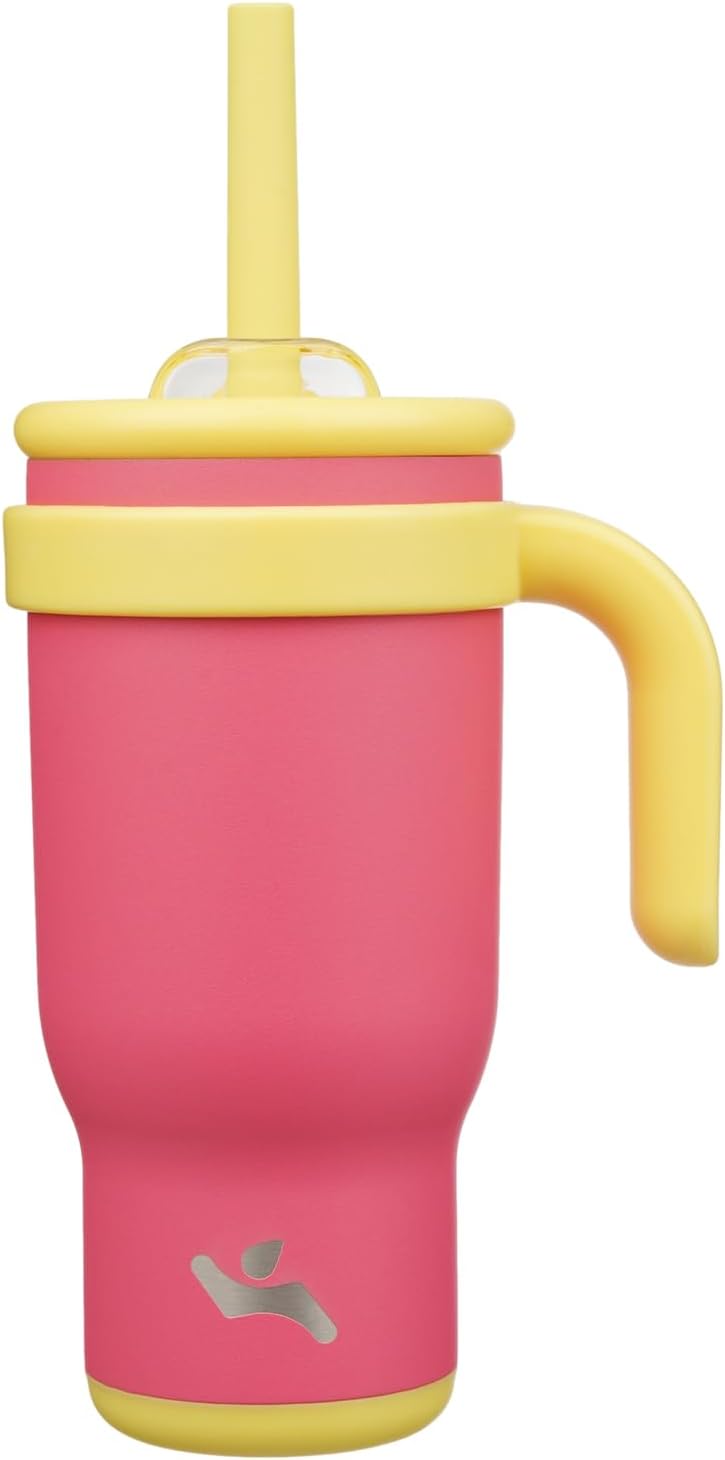 18 oz Tumbler with Side Handle, Insulated Water Bottle with Straw and 2 in 1 Lid, Stainless Steel Cup Travel Coffee Mug for Sports Office Gym,Rose Pink