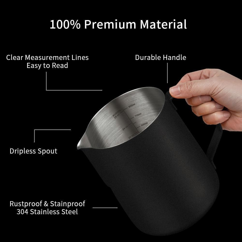 watchget Milk Frothing Pitcher 32oz/900ml - Stainless Steel Frothing Pitcher Espresso Steaming Pitcher Coffee Frother Cup Cappuccino Latte Art Coffee Machine Accessories Milk Jug, Black