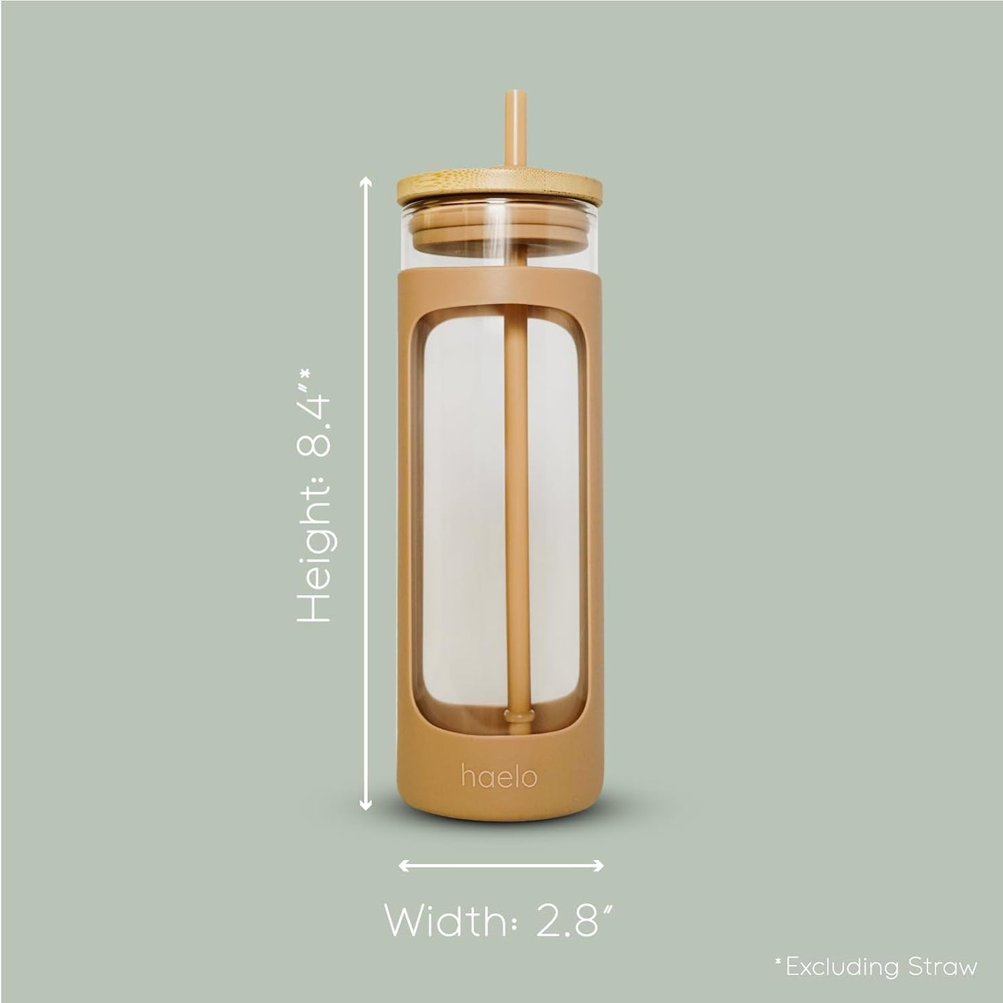 haelo 20oz Glass Tumbler Water Bottle, Iced Coffee Cup with Straw, Silicone Protective Sleeve, Bamboo Lid Reusable BPA Free (Amber)