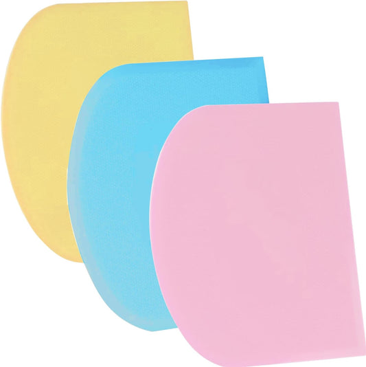 SURDOCA Dough Scraper Bench Scraper - 3P 7.1x4.9" Plastic Flexible Bowl Scraper, Sharp Edge & Angles Cake Scraper. Non-Slip Bakeware Decorating Tools Sculpting & Modeling Tools - Blue+Yellow+Pink