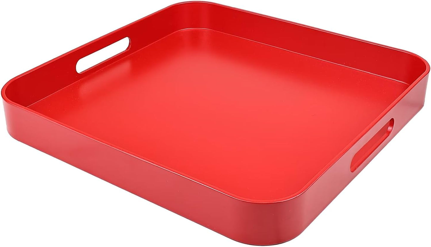 Square Red Decorative Serving Tray with Handles, Versatile Ottoman Tray for Coffee Table, Entertaining, Outdoor Patio, Living Room, 13”*13”*1.6”