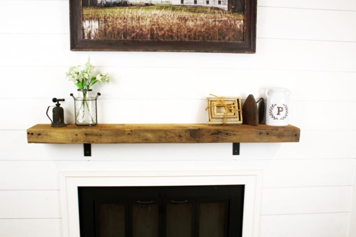 Modern Timber Craft Reclaimed Wood Fireplace Mantel Shelf | Solid Rustic American Barnwood with Steel Floating Shelf Brackets | 2.75" Thickness | 60" L x 8" D, Jacobean, Planed and Sanded