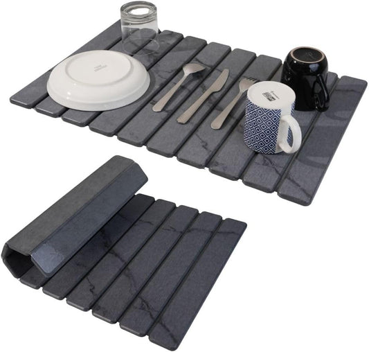 Large Stone Dish Drying Mat for Kitchen Counter 23.5¡±x 15.25¡± ? Elegant Marbled-Inspired Surface Quick-Dry Absorbent Diatomaceous Earth - Multi-Use & Kitchen Mat for Dishes & Bottle Cups (Dark Gray)