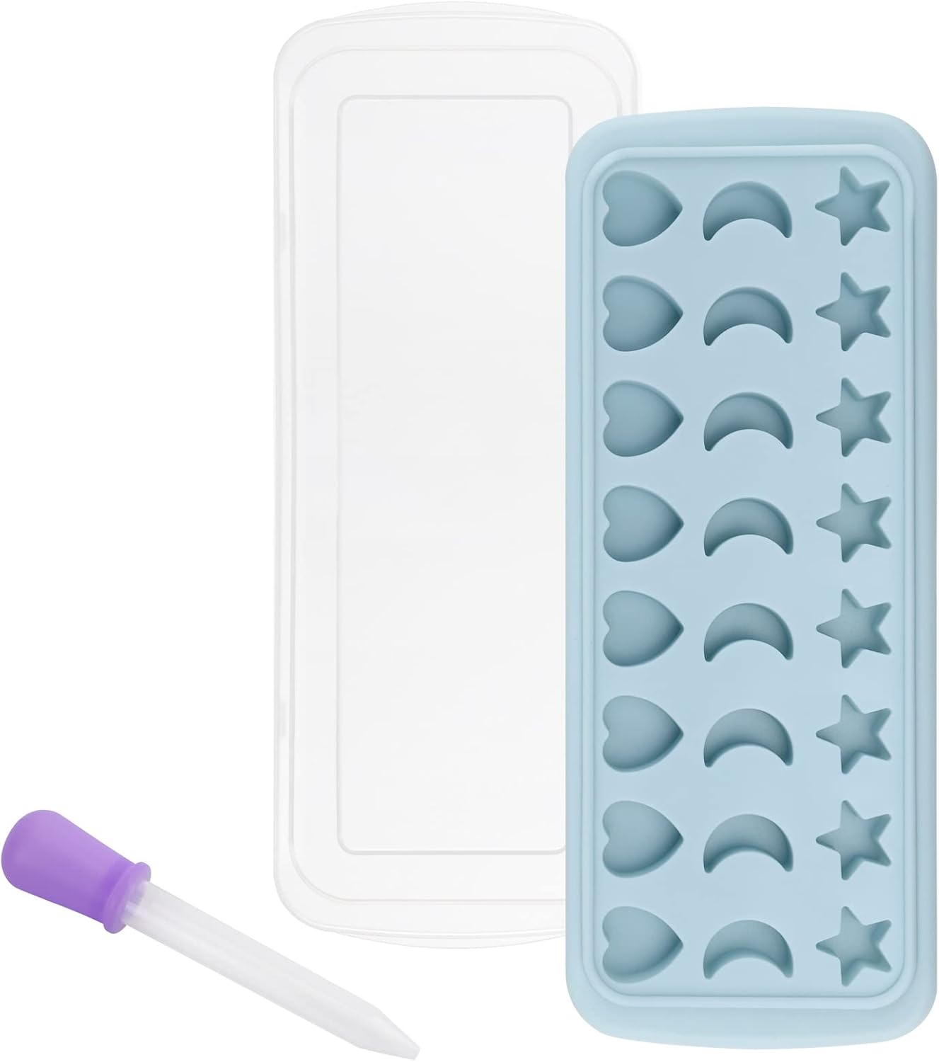Moon Stars and Heart Ice Cube Tray Silicone Molds with Liquid Dropper，Easy Release Ice Trays with Lid, 24 Cavity Heart Mold for Ice Cubes, Gelatine, Chocolate, Baking and Candy
