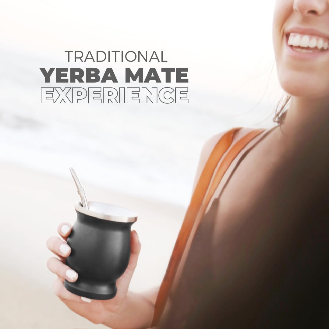 BALIBETOV Stainless Steel Double-Wall Mate Cup And Bombilla Set - Yerba Mate set Includes One Yerba Mate Cup, 2 Bombillas Mate (Straw) & Brush - Easy to Clean (Black)