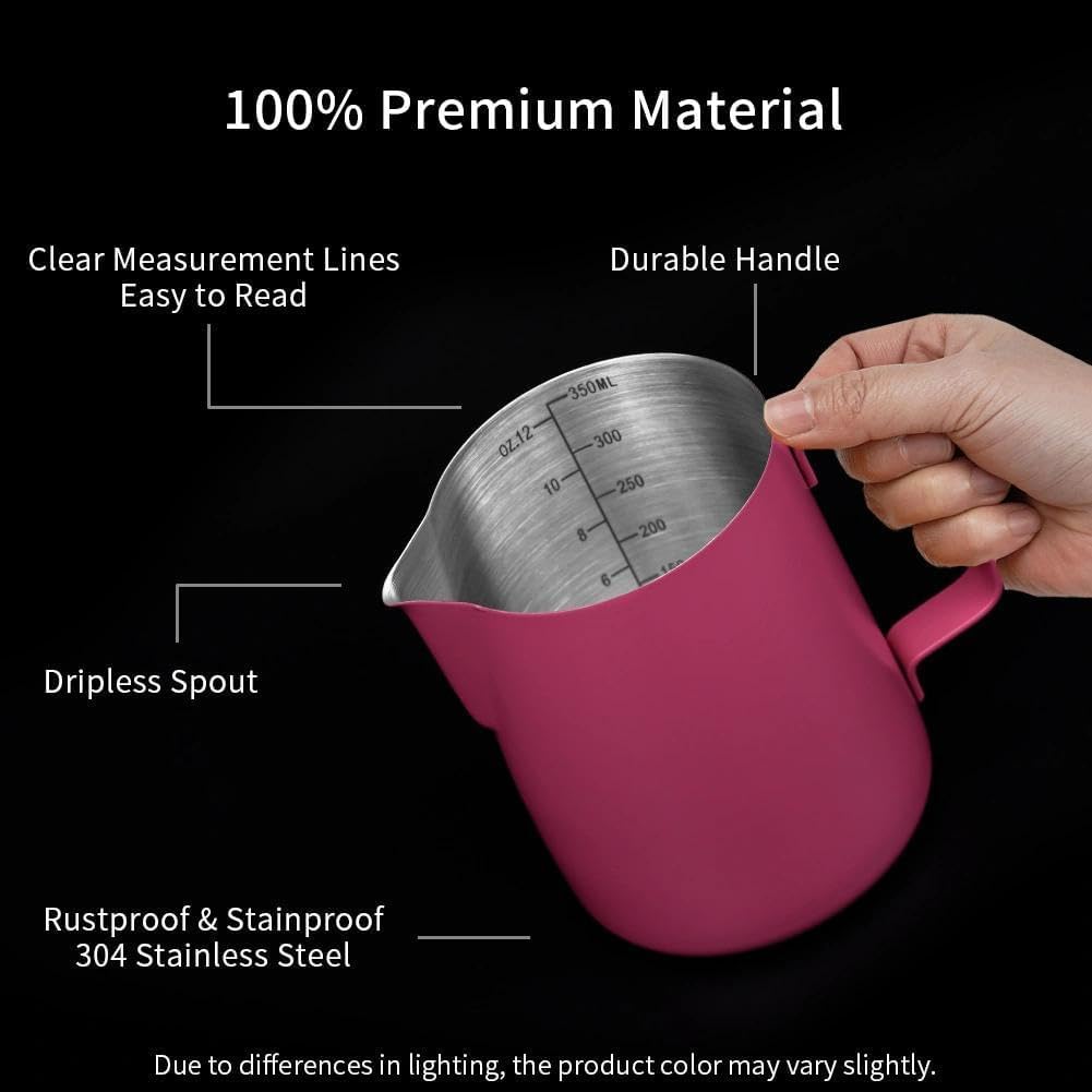 watchget Stainless Steel Milk Frothing Pitcher 12oz/350ml - Espresso Steaming Pitcher for Cappuccino, Latte Art, Coffee Machine Accessories Milk Jug Coffee Frother Cup, Rose Red