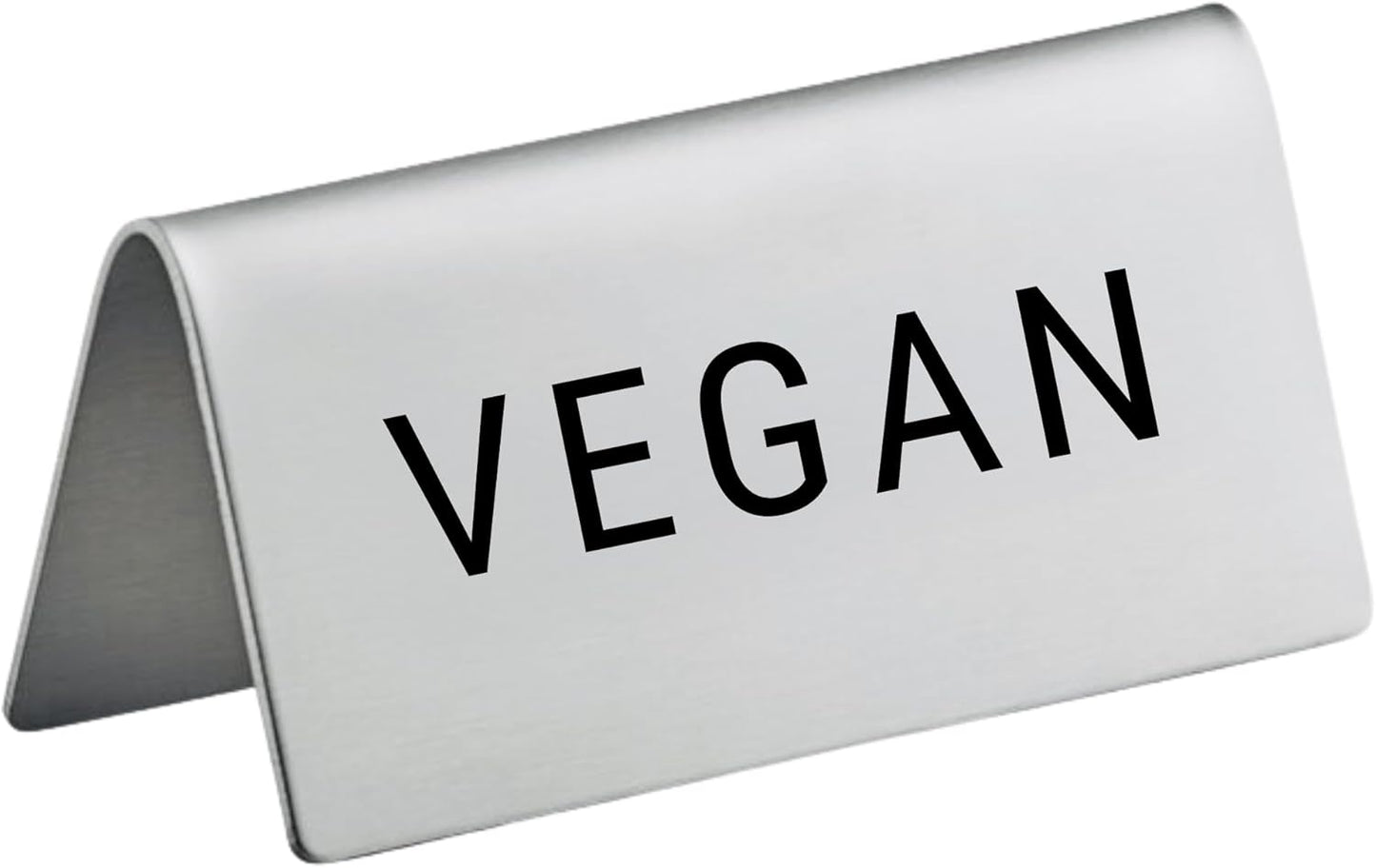 Vegan Stainless Steel Metal Table Tent Sign - 3" x 1-1/2" - Table Top Setting for Restaurants, Catering Businesses, Business. Great for Wedding, Banquet, Buffet, Party, Events. To Label Food Areas for Special Dietary Needs-4 PK