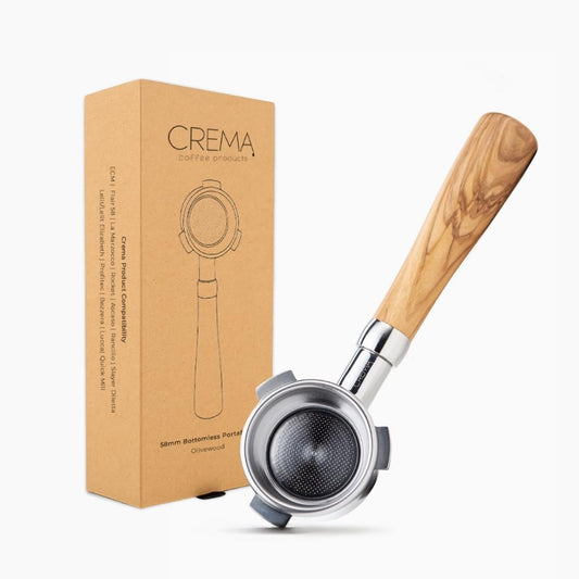 Crema Coffee Products 58mm Bottomless Naked Portafilter | Compatible with 58mm for E61 | Includes Double Shot Filter Basket | Olivewood