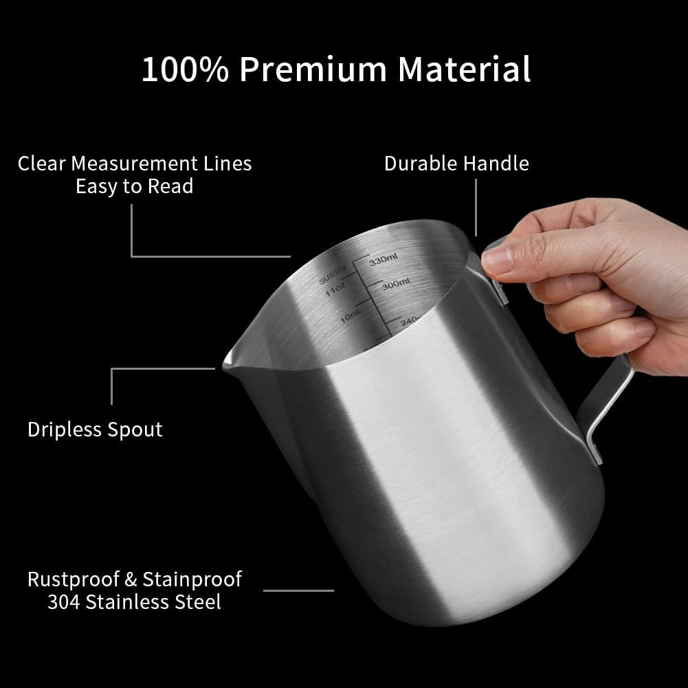 watchget Stainless Steel Milk Frothing Pitcher 12oz/350ml - Espresso Steaming Pitcher for Cappuccino, Latte Art, Coffee Machine Accessories Milk Jug Milk Frother Cup, Matt Silver