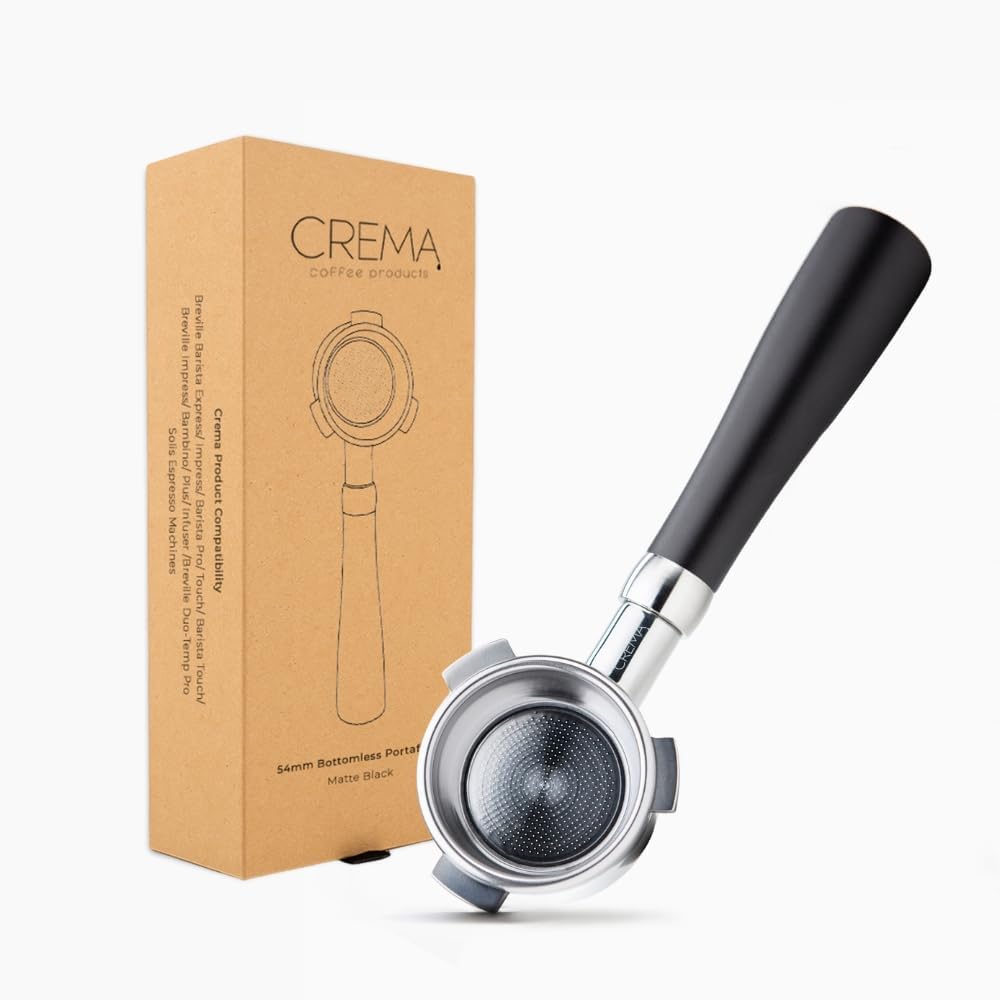 Crema Coffee Products 54mm Bottomless Naked Portafilter | Compatible with 54mm Breville Machines | Includes Double Shot Filter Basket | Matte Black