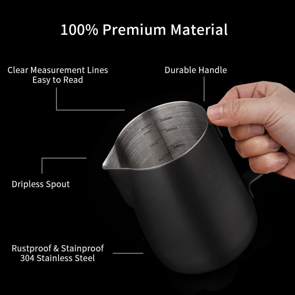 watchget Milk Frothing Pitcher 350ml/600ml/900ml/1500ml (12oz/20oz/32oz/52oz) - Stainless Steel Espresso Steaming Pitcher for Cappuccino, Latte Art, Milk Jug Coffee Frother Cup, Black