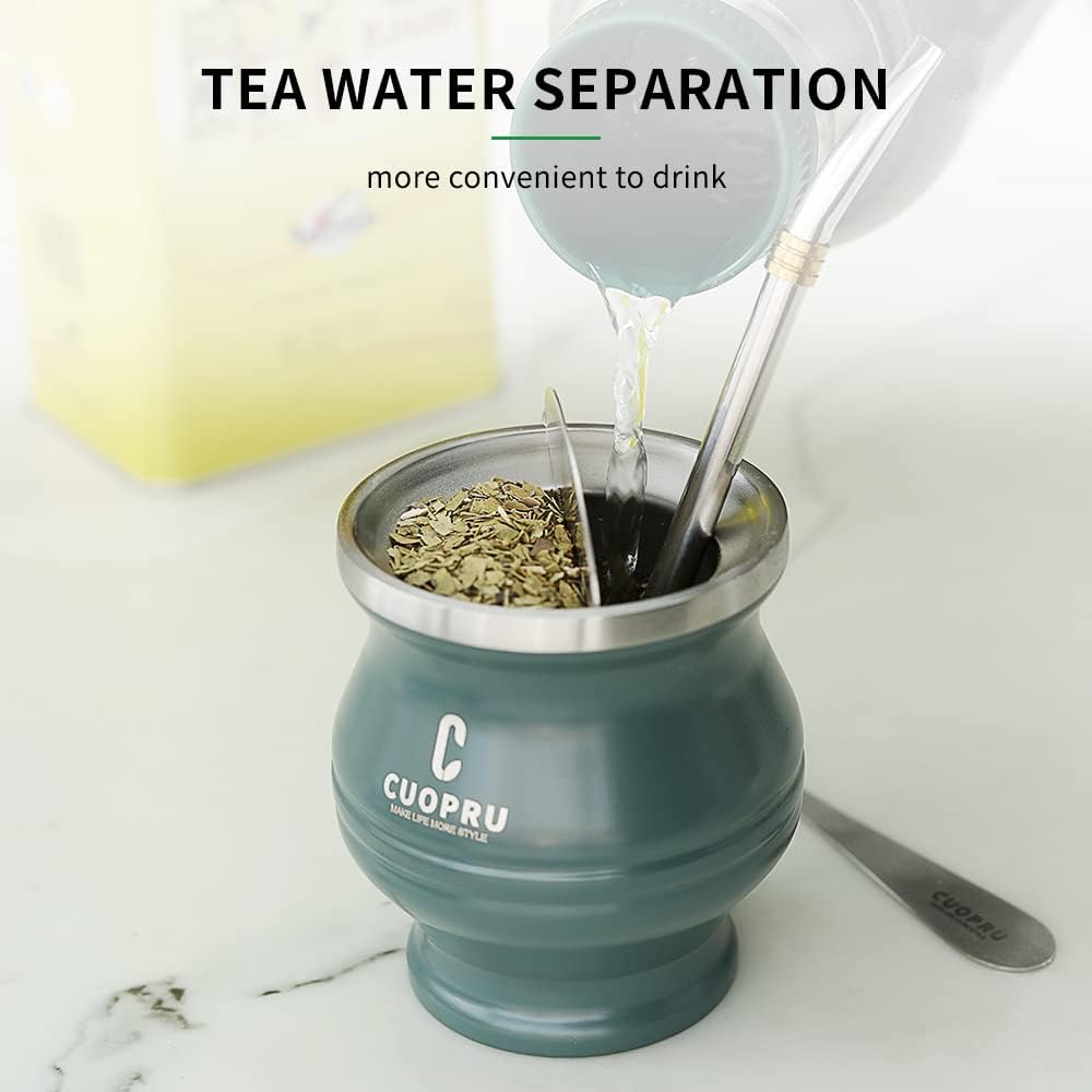 Yerba Mate Cup - Mate Gourd Set Includes Double Walled Stainless Steel Tea Cup, Tea Shaper set, Bombilla Straws, Cleaning Brush (Silver)