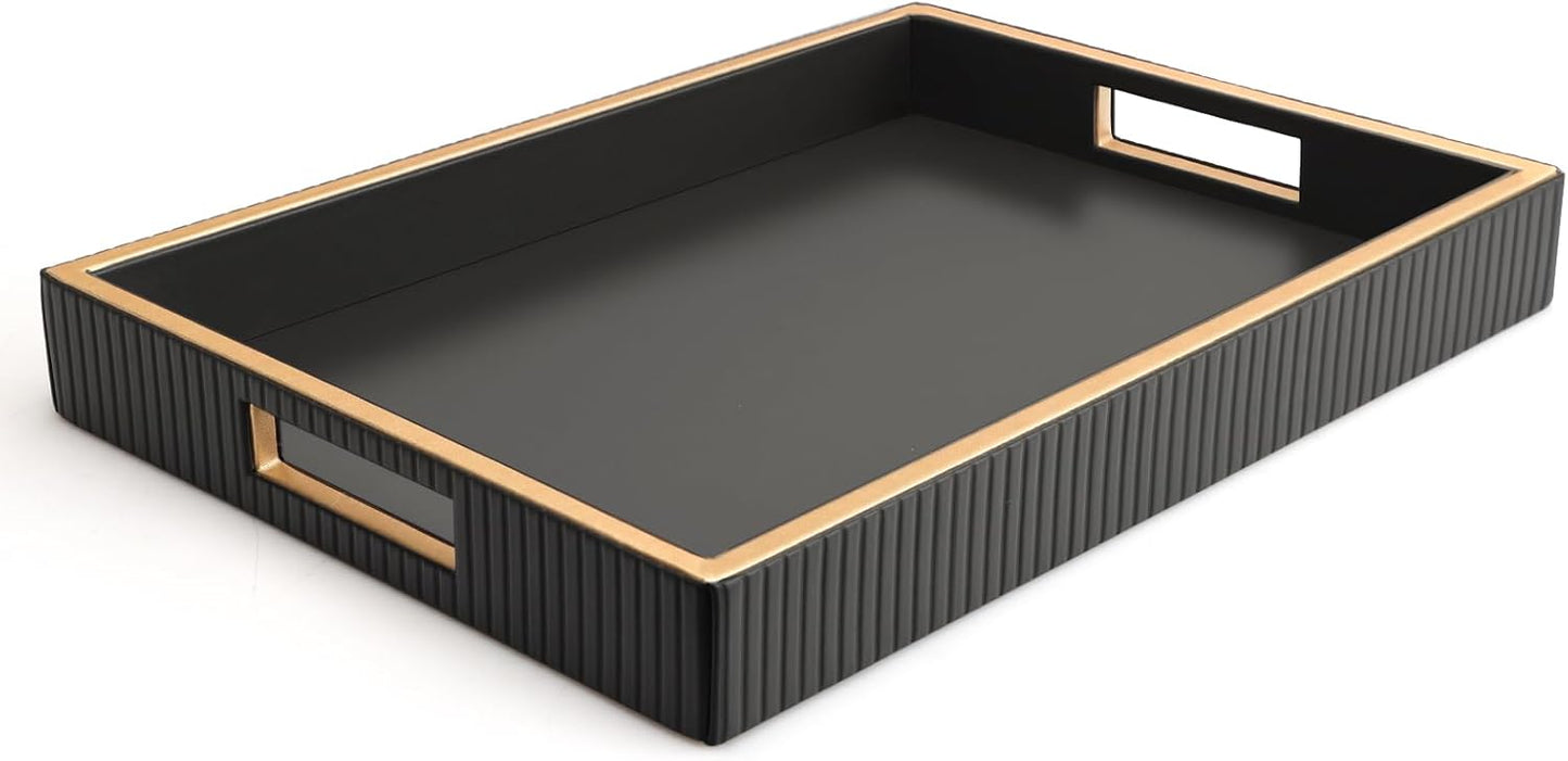 SANZIE Leather Tray Desktop Storage Organizer Premium Serving Tray Decorative Tray Valet Tray for Sundries Cosmetics Phone Wallet Cutlery (Black Holder)