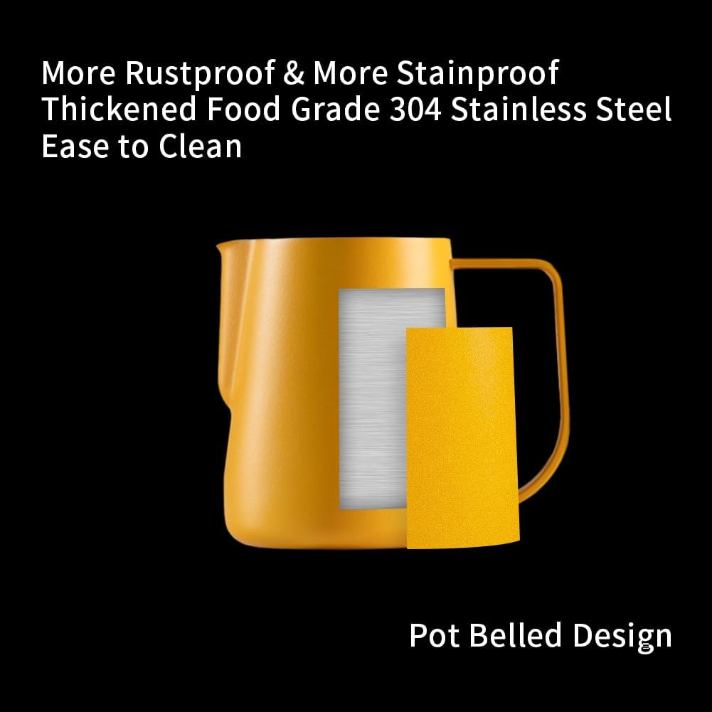 watchget Milk Frothing Pitcher 250ml/8oz Stainless Steel Espresso Steaming Jug with Matte Yellow Coating, Latte Art Coffee Frother Cup