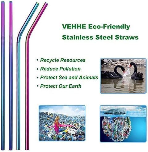 VEHHE Metal Straw Stainless Steel Straws Drinking Reusable Straws 4 Set -10.5" Ultra Long Rainbow Color-Cleaning Brush for 20/30 Oz for Yeti RTIC SIC Ozark Trail Tumblers (2 Straight|2 Bent|1 Brush)
