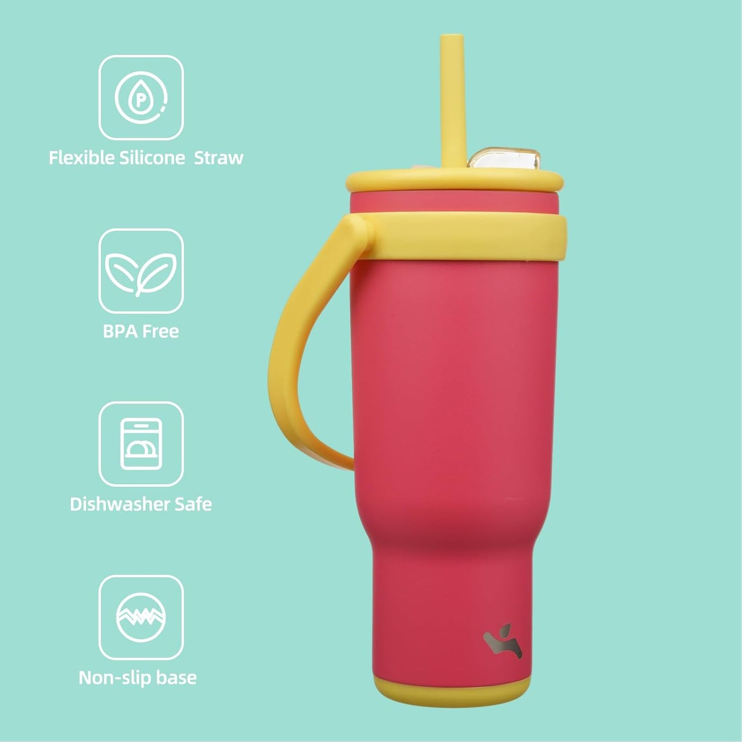 40 oz Tumbler with Side Handle, Insulated Water Bottle with Straw and 2 in 1 Lid, Stainless Steel Cup Travel Coffee Mug for Sports Office Gym,Rose Pink