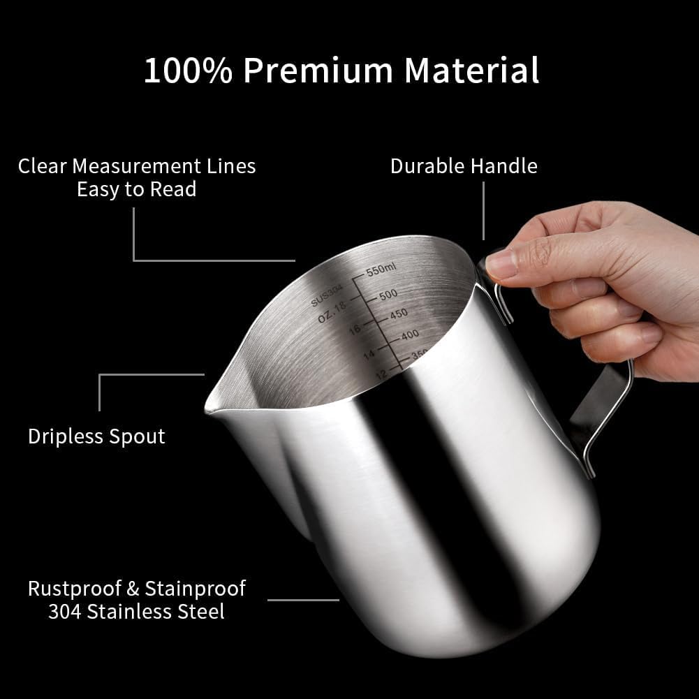watchget Stainless Steel Milk Frothing Pitcher 20oz/600ml - Espresso Steaming Pitcher for Cappuccino, Latte Art, Coffee Machine Accessories Milk Jug Coffee Frother Cup, Silver