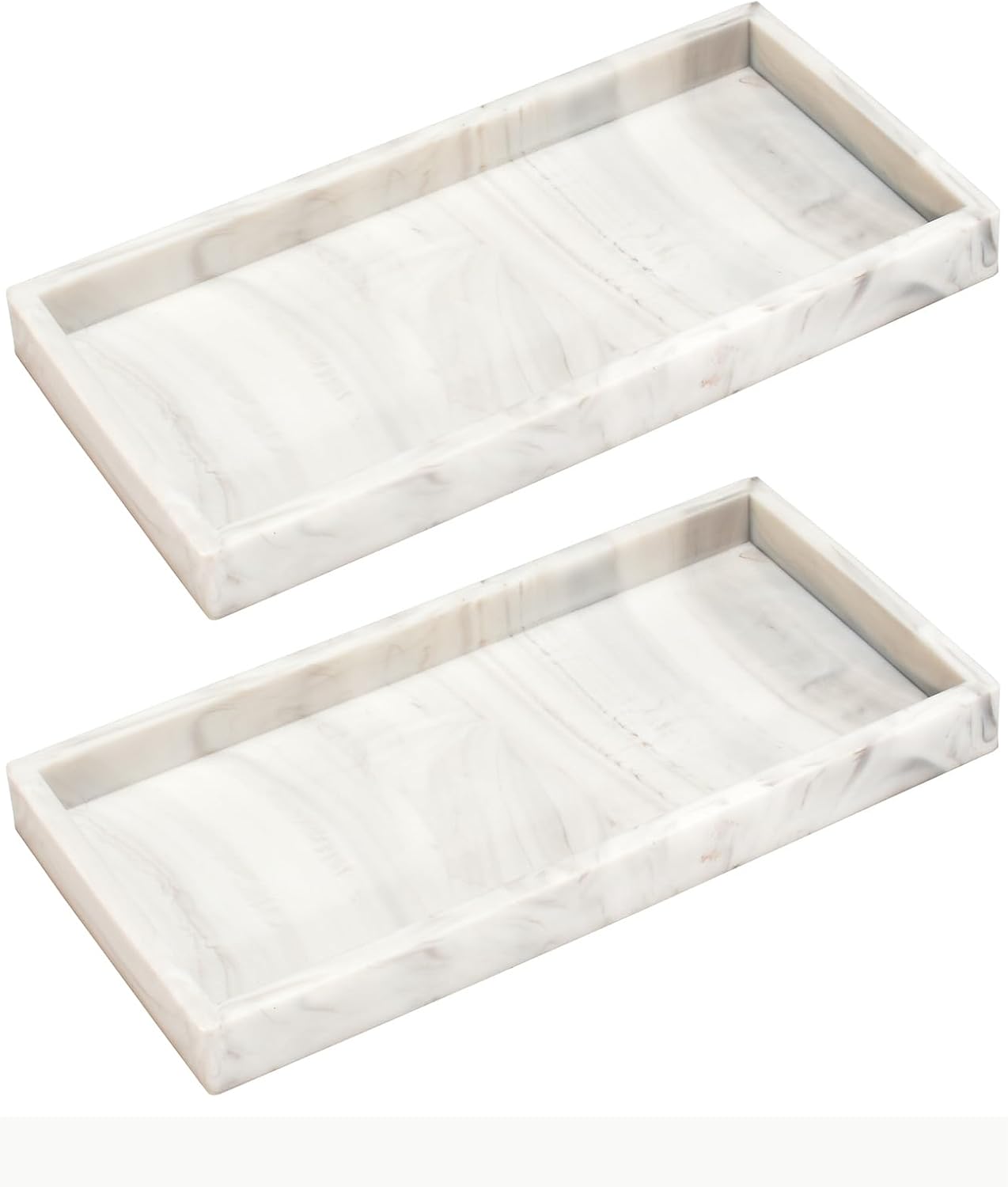 DNC 2PC 7.9" Small Silicone Bathroom Tray for Counter, Vanity Tray for Countertop, Kitchen Sink Soap Tray for Dish Holder Dispenser Toilet Tank Desk Organizer Marble White