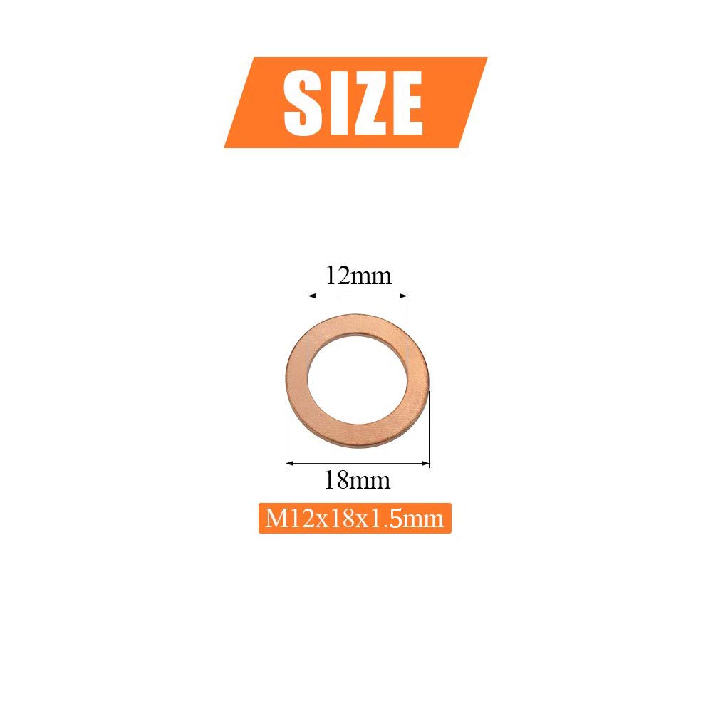M12 Flat Washer Copper Sealing Ring, 12mm ID 18mm OD 1.5mm Thickness Metric Sealing Gasket, 50 Pieces