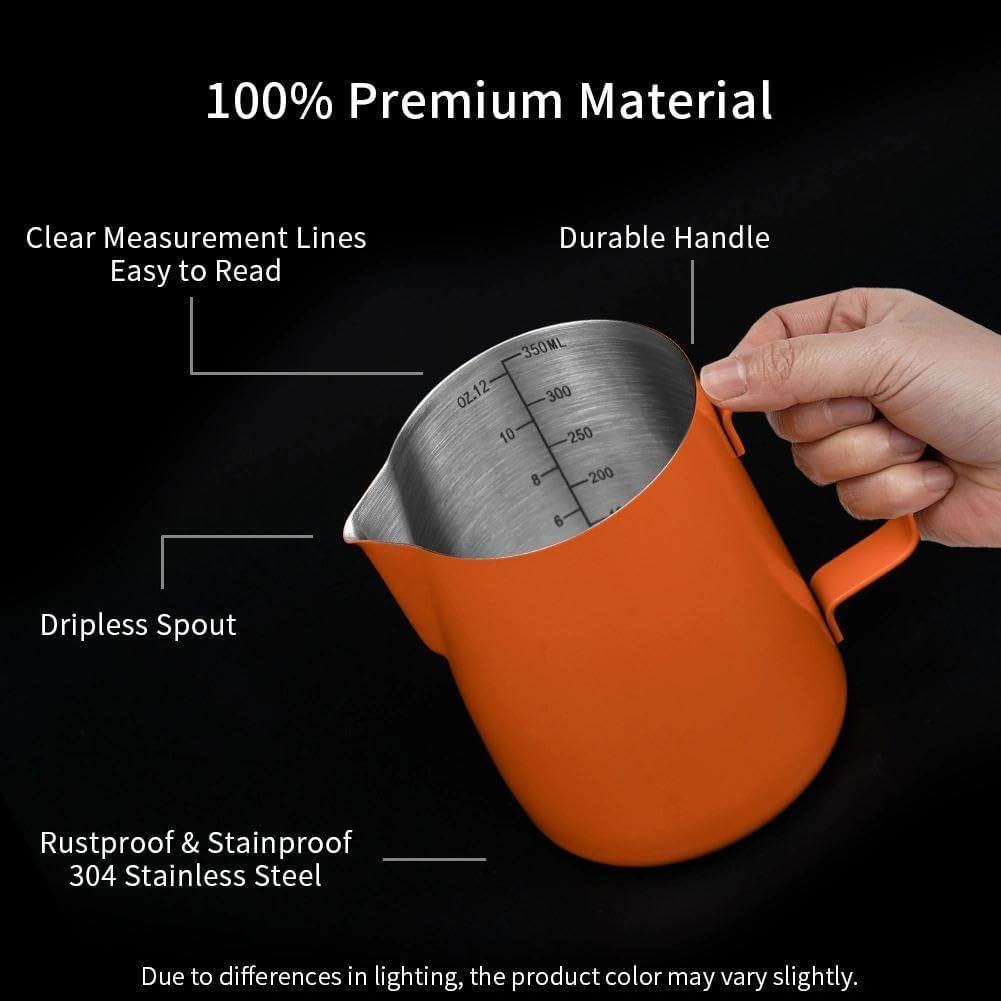 watchget Stainless Steel Milk Frothing Pitcher 12oz/350ml - Espresso Steaming Pitcher for Cappuccino, Latte Art, Coffee Machine Accessories Milk Jug Coffee Frother Cup, Orange