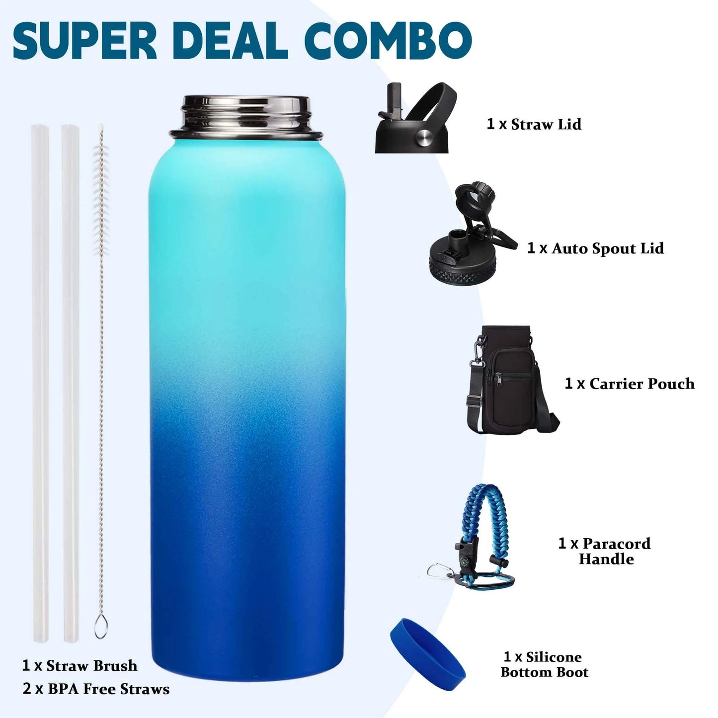40 Oz Water Bottle Insulated - Wide Mouth Stainless Steel Water Bottles with Straw, Spout Lid, Paracord Handle, Carrier Bag, Protective Boot, Coldest Metal Water Jug Keep Cold 48H Hot 24H