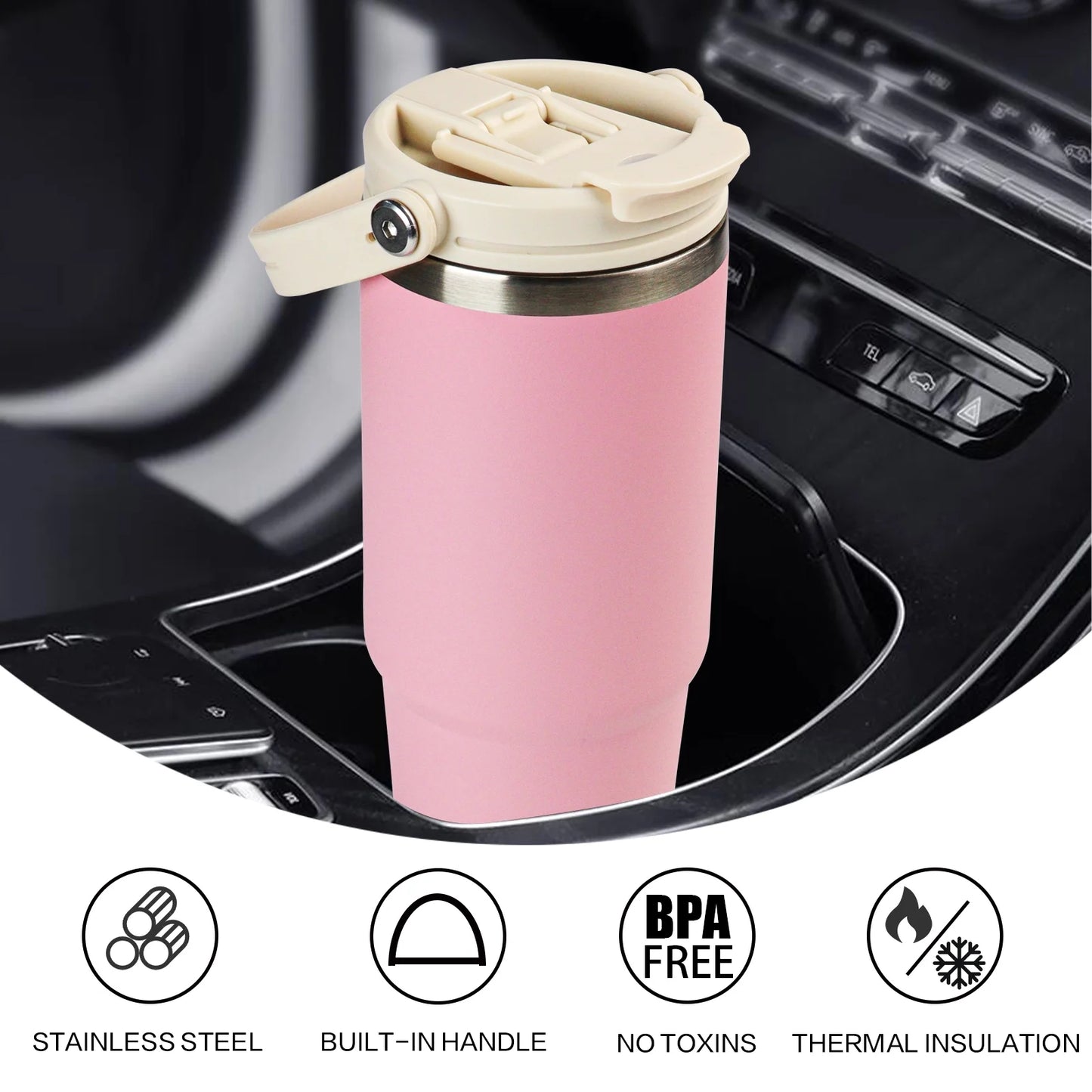 30 Oz Insulated Water Bottles with Straw Lid, Double Walled Vacuum Stainless Steel Travel Tumbler with Handle and Straw, Wide Mouth Thermos Bottle, Pink