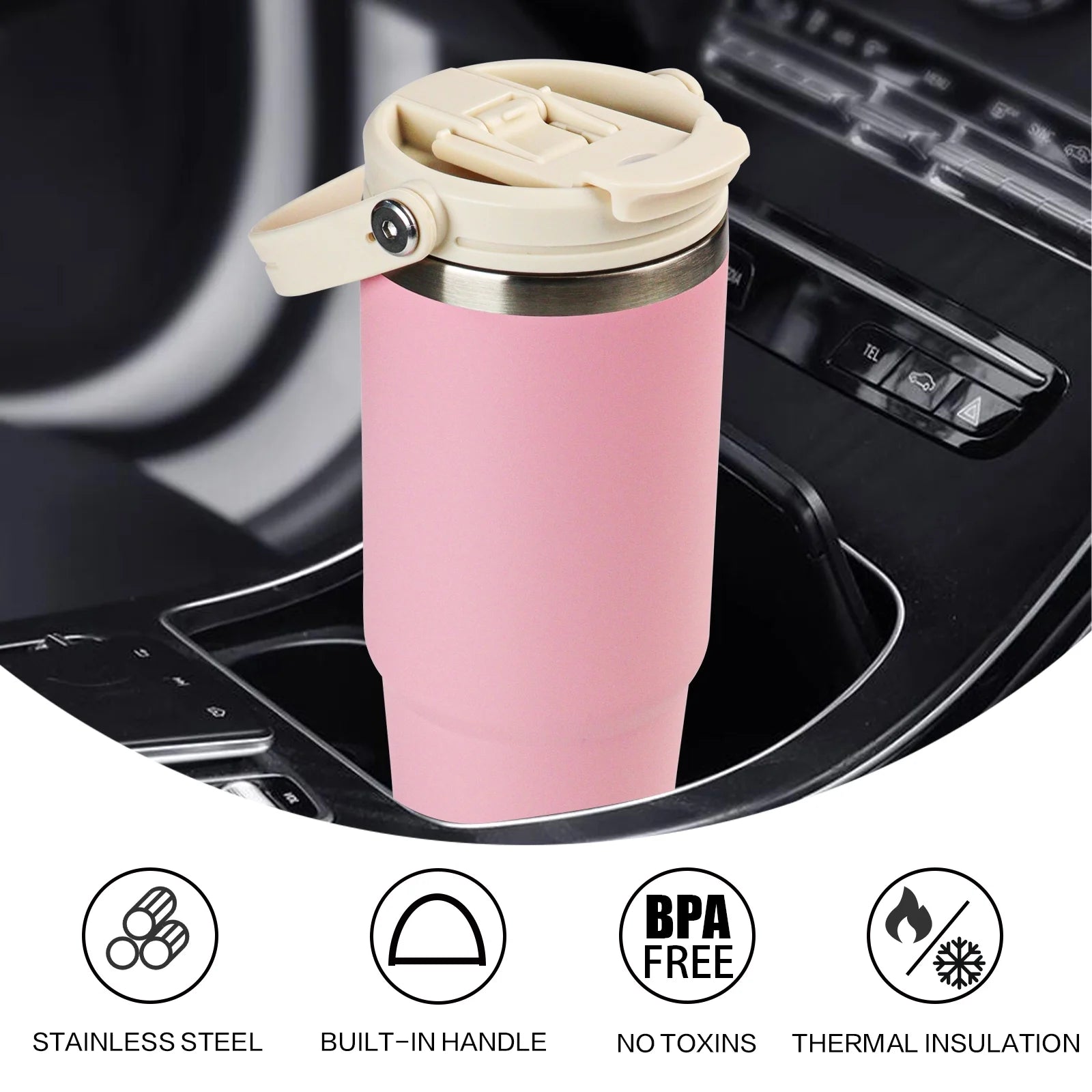 30 Oz Insulated Water Bottles with Straw Lid, Double Walled Vacuum Stainless Steel Travel Tumbler with Handle and Straw, Wide Mouth Thermos Bottle, Pink