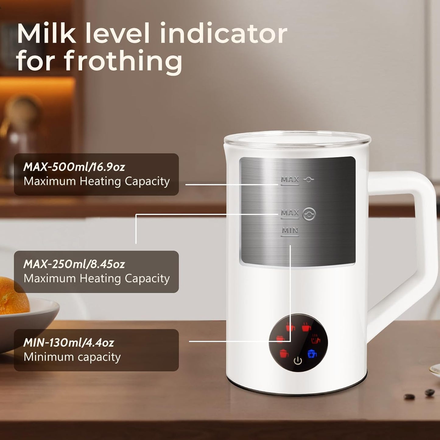 MAISON HUIS 6-IN-1 Milk Frother 550Watts, 20 oz Electric Stainless Steel, Hot and Cold Milk Frother for Latte, Macchiato, Cappuccino and Hot Chocolate, White