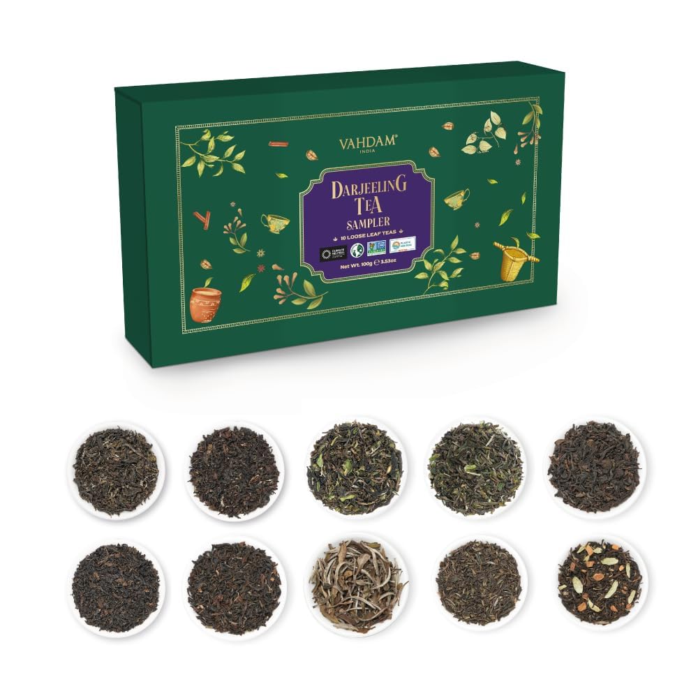 VAHDAM, Assorted Darjeeling Tea Sampler (10 Flavors, 50 Servings) Gluten Free, Non GMO - Darjeeling First Flush & Second Flush | Loose Leaf Tea Sample
