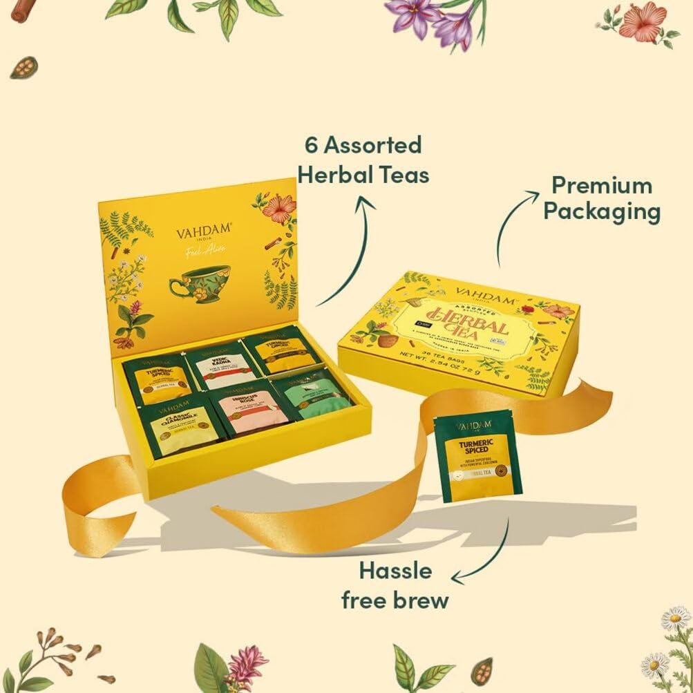VAHDAM, Assorted Herbal Tea Variety Pack (6 Variants, 36 Tea Bags) Caffeine Free, Gluten Free, Non GMO | Eco Friendly Long Leaf Pyramid Tea Bags I Tea Gift Sets for Men and Women
