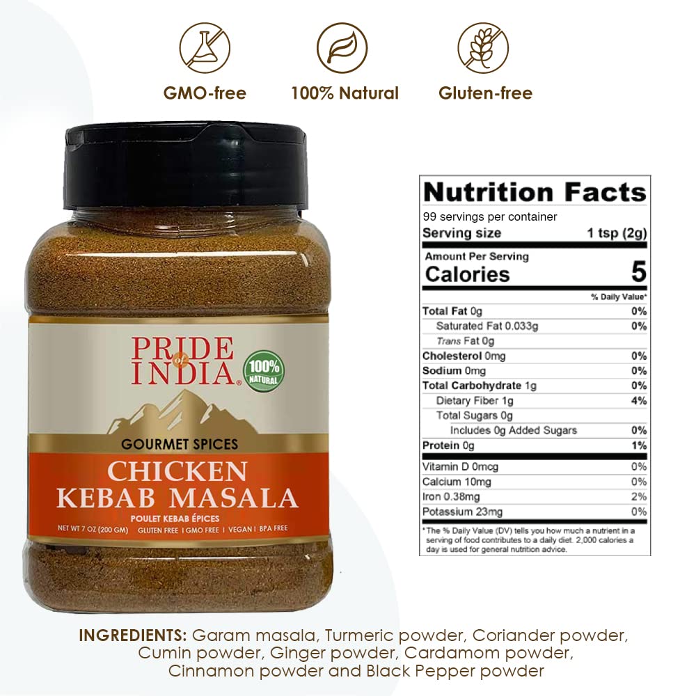 Pride of India - PACK of 6 - Butter Chicken Kebab Seasoning Spice – Gourmet Spice Blend – Artisanal Rub – Good for Chicken Meat & Paneer – Preservatives Free – 7 oz. Medium Dual Sifter Jar