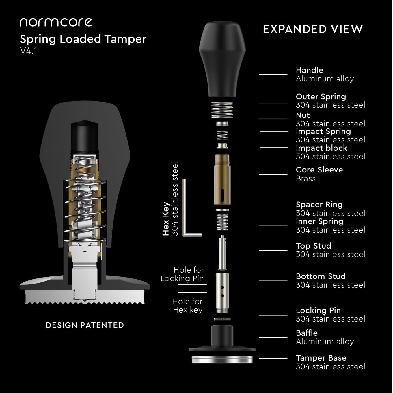 Normcore 58.5mm Coffee Tamper V4.1 with Click Sound Feedback, Espresso Barista Hand Tamper, Spring Loaded Tamper With Flat Base, Anodized Aluminum Handle, Compatible with 58mm Espresso Machine, Silver