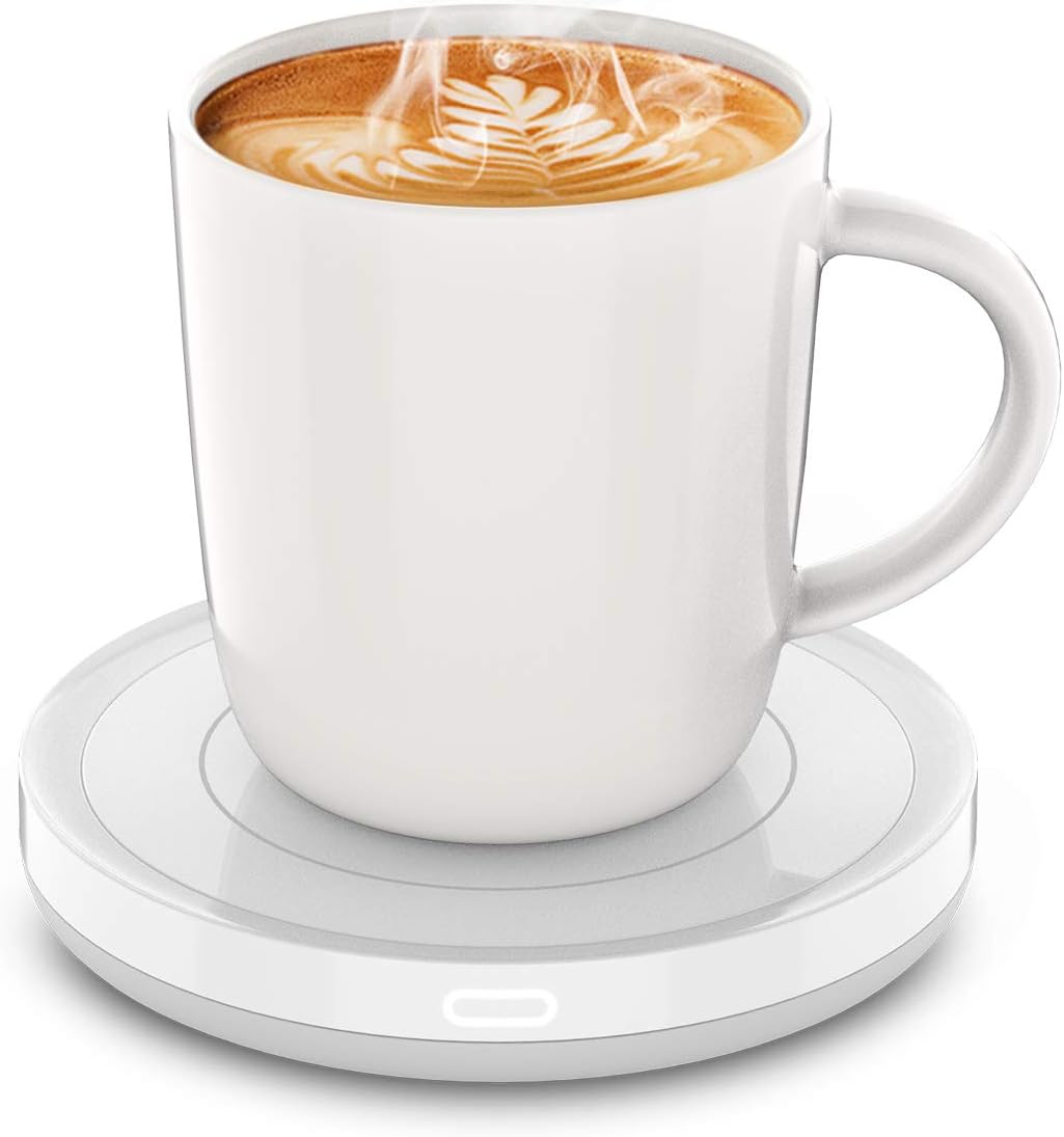 BESTINNKITS Smart Coffee Set Auto On/Off Gravity-Induction Mug Office Desk Use, Candle Wax Cup Warmer Heating Plate (Up to 131F/55C), 14oz (White Set)