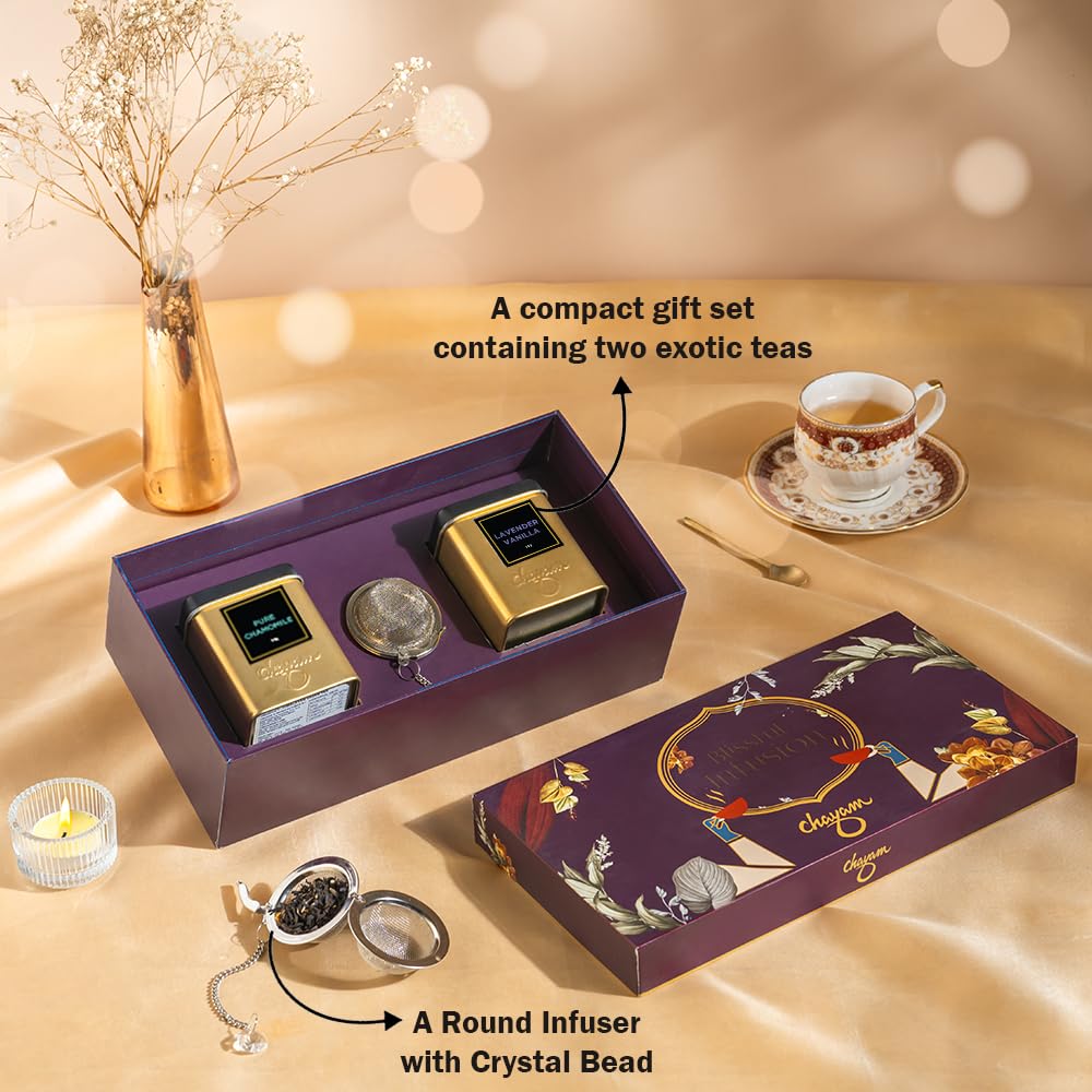 CHAYAM Blissful Infusion – Lavender Vanilla (1.76oz) & Pure Chamomile (1.1oz) Wellness Tea Gift Set + Infuser Loose Leaf Black & Herbal Tea Tin Caddies | For Better Sleep & Relaxation