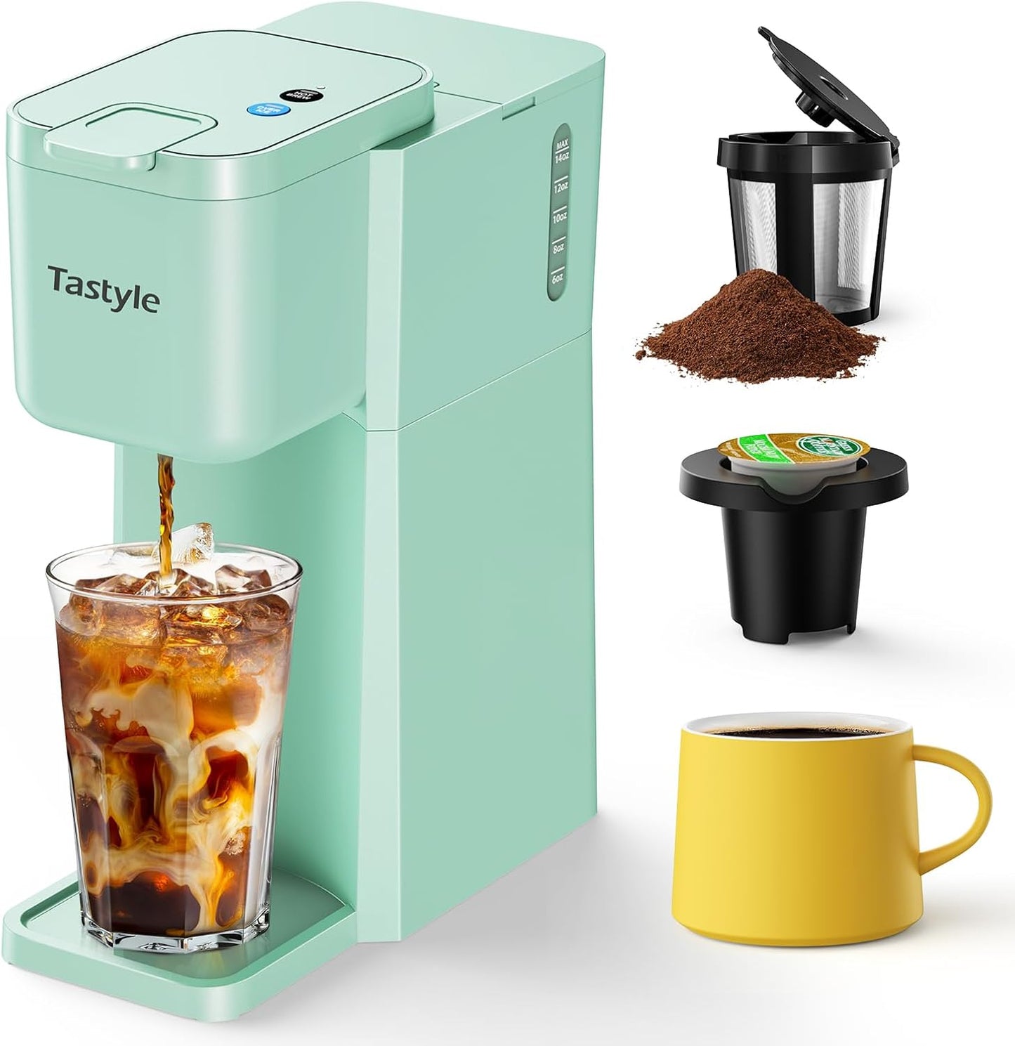 Mini Hot and Iced Coffee Maker Single Serve, for K Cup and Ground, 6 to 14 Oz Brew Sizes, with Recipe Book, for Home, Travel, RV, Office and Dorm, Mint