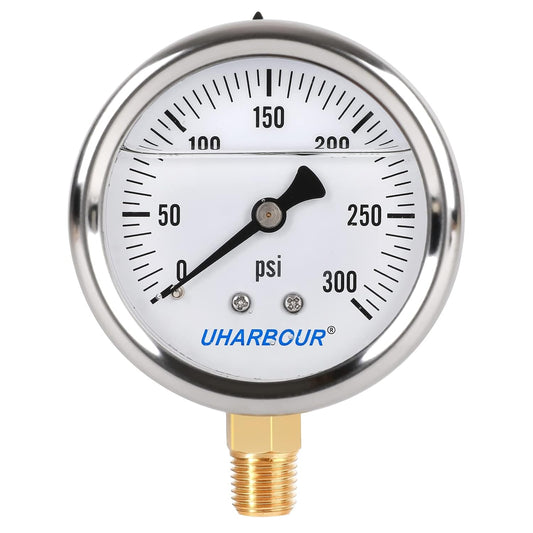 Glycerin Filled Pressure Gauge with 304 Stainless Steel Case, 2.5" Dial Size, 0-300Psi, High Accuracy, 1/4" NPT Center Lower Mount with Single Scale (psi).¡¦