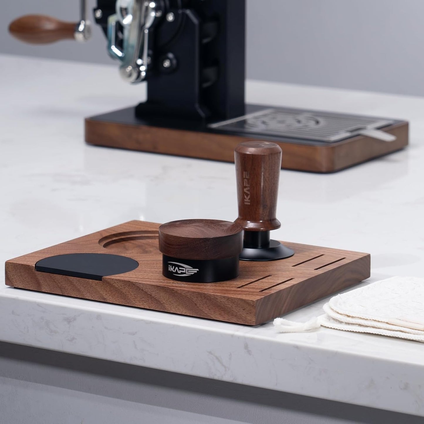 IKAPE 51MM Espresso Tamper Kit 5 IN 1, Elegant Wooden Espresso Tamper, Distributor Set with Tamper Base, Puck Screen, Cleaning Towel, Ideal for Coffee Enthusiasts, Made from Premium Walnut Wood