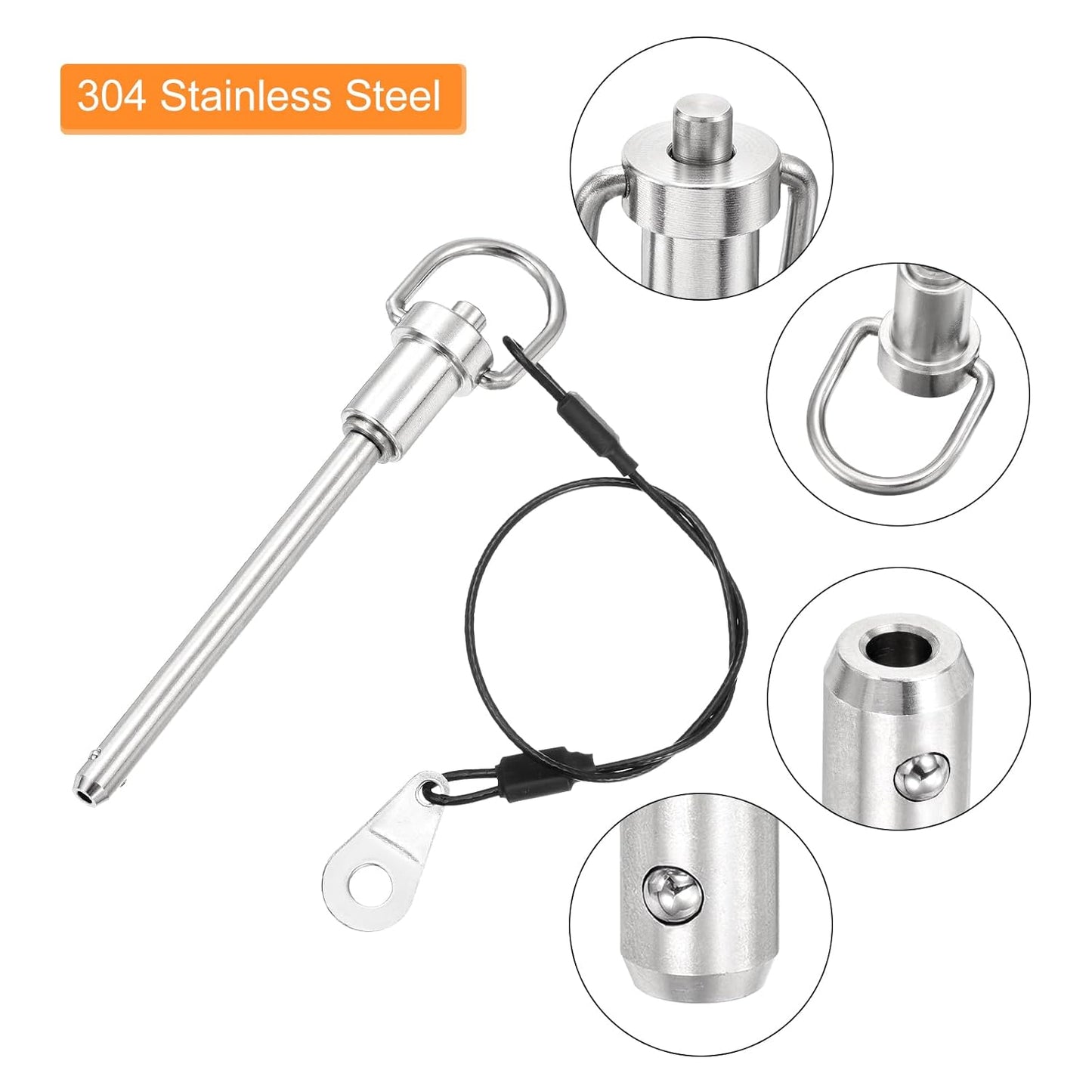 uxcell 1 Pcs Quick Release Pin, 6x64mm/1/4" x 2.52"(Dia. x L) Push-Button Ball Locking Pin 304 Stainless Steel Ring Handle Locking Pin with Wire for Audio Bimini Top Marine, Silver