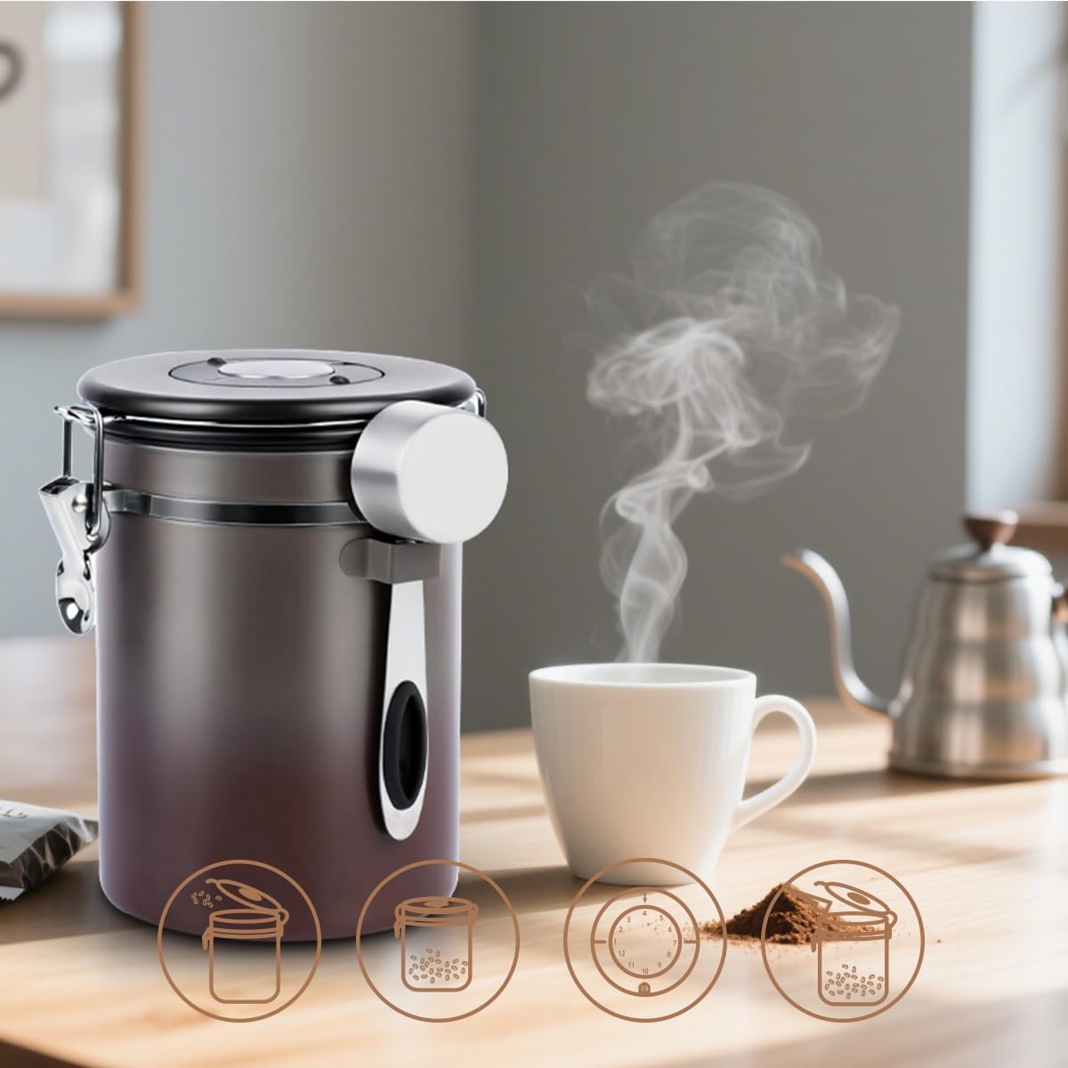 Coffee Canister Airtight Storage Container Stainless Steel Coffee Jar with Scoop,Date Tracker CO2 Release Valve for Dry Food Beans Ground Tea Flour Cereal and Sugar (1.8L Grey-Brown With Spoon(2pcs))