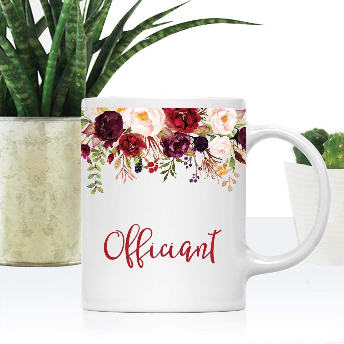 Andaz Press 11oz. Wedding Ceramic Coffee Tea Mug Gift, Fall Autumn Marsala Burgundy Flowers Roses Florals, Officiant, 1-Pack, Includes Gift Box