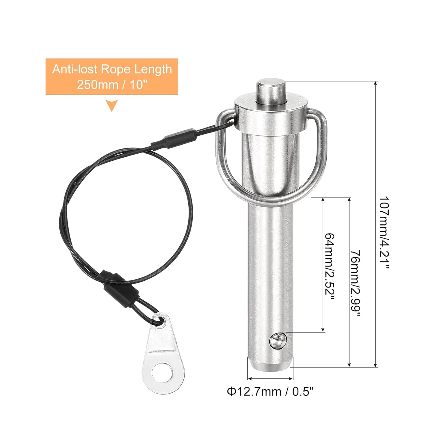 uxcell 1 Pcs Quick Release Pin, 1/2" x 2.52"(Dia. x L) Push-Button Ball Locking Pin 304 Stainless Steel Ring Handle Locking Pin with Wire for Audio Bimini Top Marine, Silver