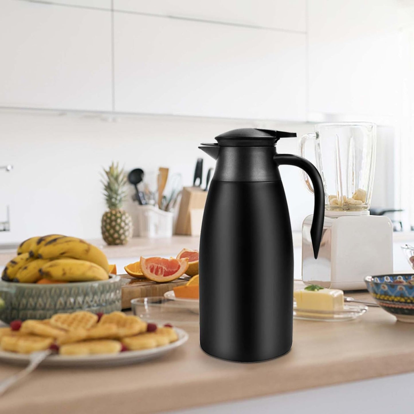 68oz Thermal Coffee Carafe, 2 Pack Airpot Insulated Coffee Urns Stainless Steel Vacuum Thermal Pot Dispenser for Coffee, Hot Water, Tea, Hot Beverage - Keep 12 Hours Hot, 24 Hours Cold (Silver, Black)