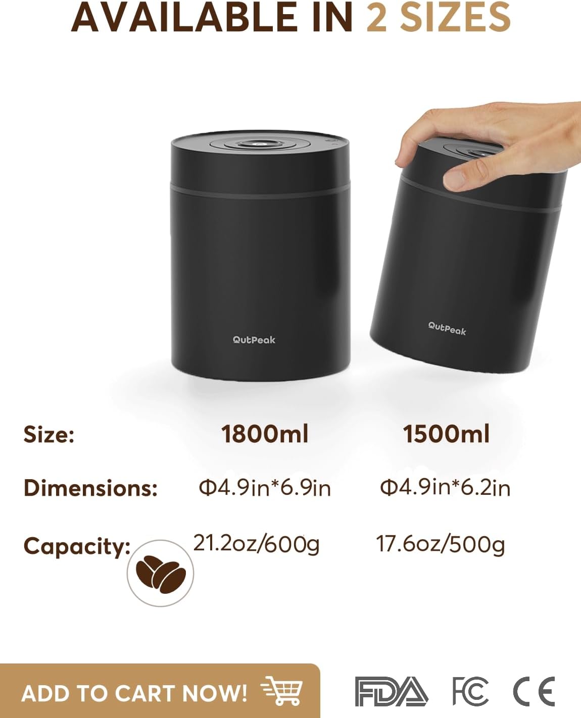OUTPEAK 2025 Kilo Auto Vacuum Coffee Canister, 1.8L for 21.2oz Coffee Beans, One-Button Operation, Stainless Steel Container with Scoop, Fresh 6-Month Storage Container (Barista Champion's Choice)