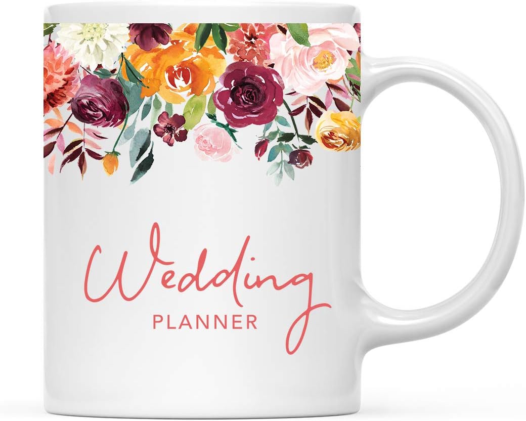 Andaz Press 11oz. Wedding Ceramic Coffee Tea Mug Gift, Fall Autumn Burgundy Orange Peach Flowers Roses Florals, Wedding Planner, 1-Pack, Includes Gift Box
